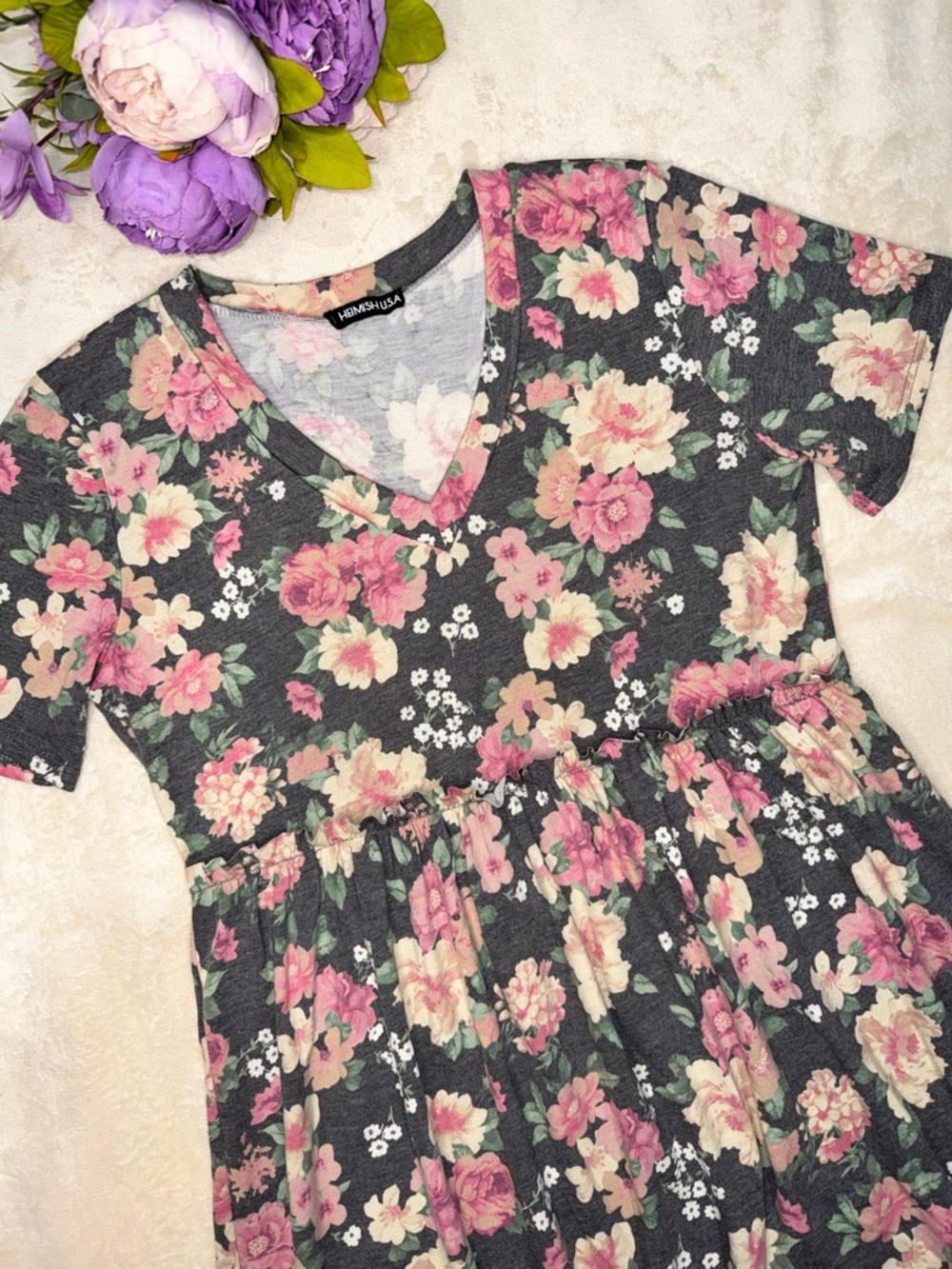 Boutique Grey Floral Print Babydoll Top